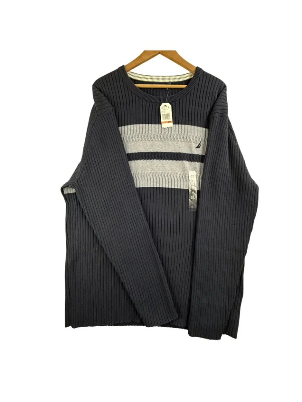 Nautica Sweater Mens 3XL Navy Gray Striped Crewneck Cotton Knit Ribbed Pullover